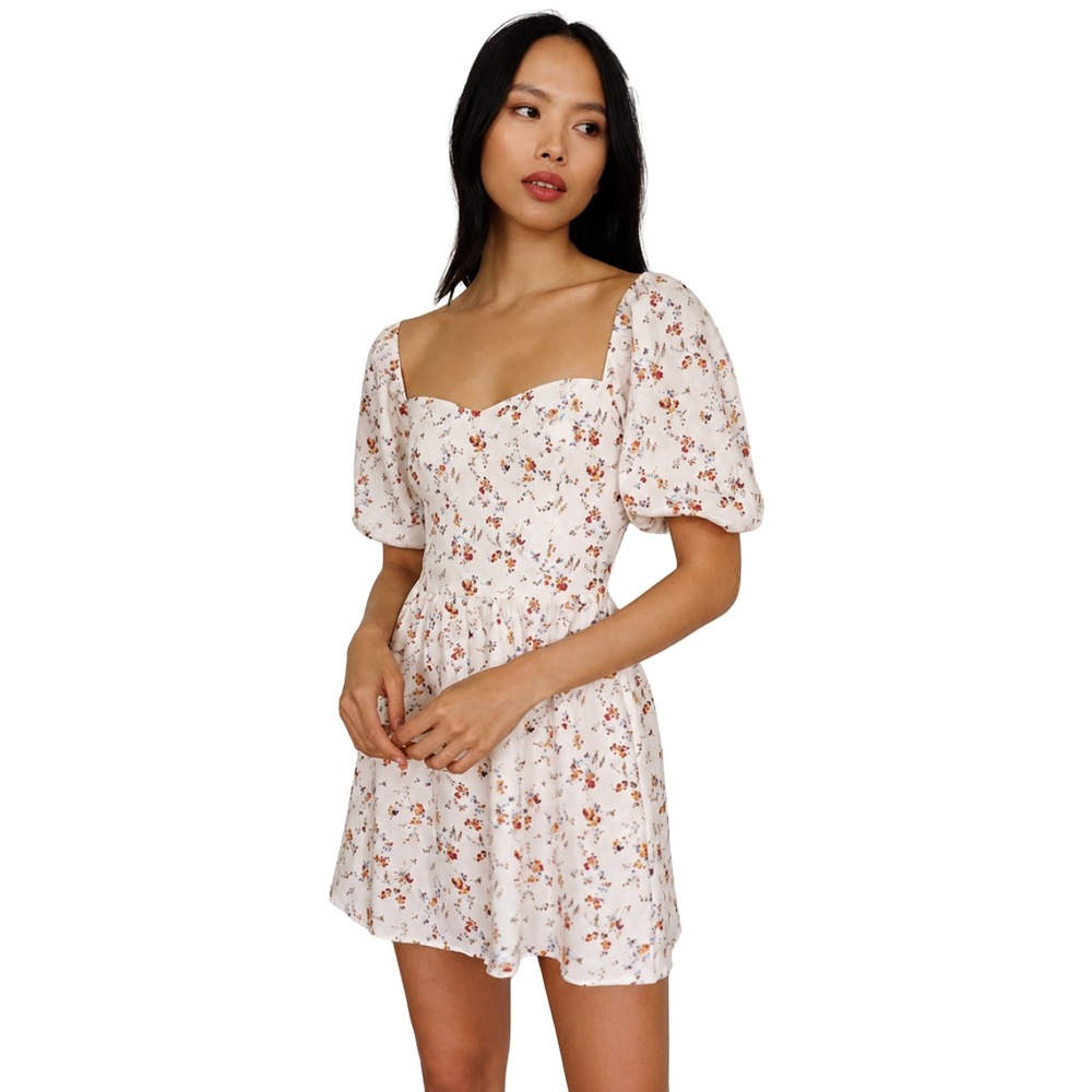 Reformation Dress 10 White Linen Floral Mini Sweetheart Puff Sleeve Smocked Back